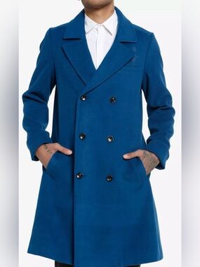 Hot Topic Men's Doctor Who TARDIS Double-Breasted Teal Blue Pea Coat